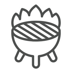 Barbecue grill with grate on fire line icon, culinary cooking concept. Vector graphics. Grill with burning flame sign on white background, outline style icon for mobile or web design.