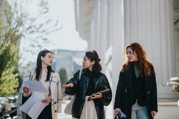 A group of three women collaborating outdoors, sharing and analyzing documents for a project...
