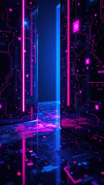 Futuristic cyber-security hallway with neon lights and digital elements.