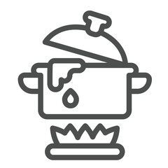 Boiling water pot on fire line icon, culinary cooking concept. Vector graphics. Pot on gas flame, heating sign on white background, outline style icon for mobile or web design.