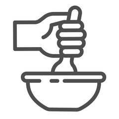 Hand with spoon and plate line icon, culinary concept. Vector graphics. Stirring food dish, cooking sign on white background, outline style icon for mobile or web design.
