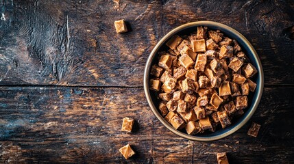 a bowl of caramel candies on a rustic wooden table 