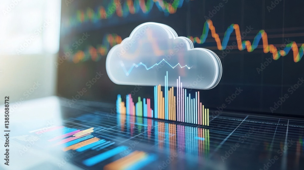 Poster cloud with chart icon illustrating data analysis and insights in cloud computing and information tec
