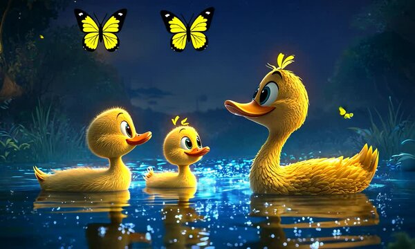 Three cartoon ducks swimming in a serene pond at night, surrounded by glowing fireflies and butterflies