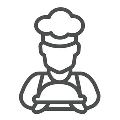 Man with dish in hands line icon, cooking concept. Vector graphics. Cooker with food plate, culinary sign on white background, outline style icon for mobile or web design.