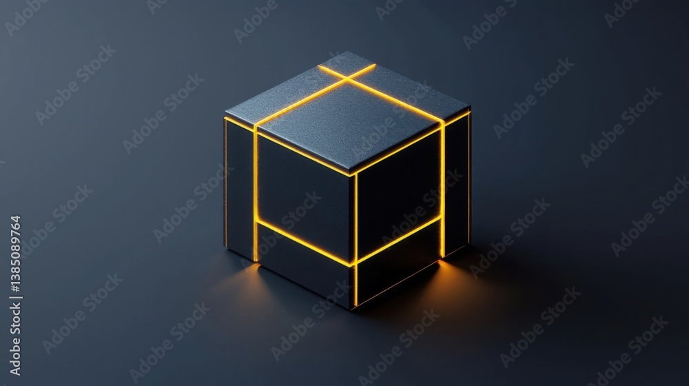 Poster a glowing cube illuminated with a yellow light creating a stunning visual effect in a modern setting