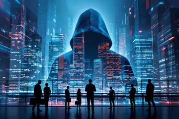 Hooded figure looms over digital city skyline with silhouettes of businesspeople in foreground, futuristic cybercrime threat concept, glowing city background. Ai generative
