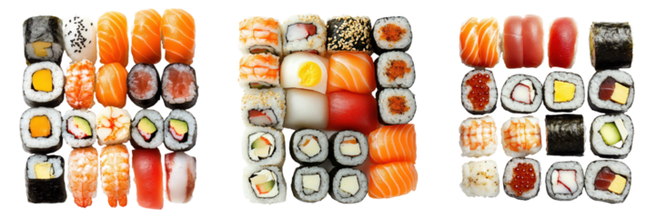 Three Sushi Platters with Varied Ingredients.