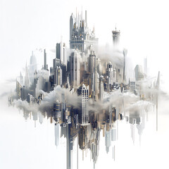 Naklejka premium Tall buildings in a fantasy city covered in clouds