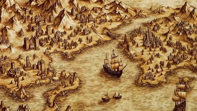 Vintage treasure map with ancient ships navigating through detailed seas and mountainous coastal landscapes, 4k video
