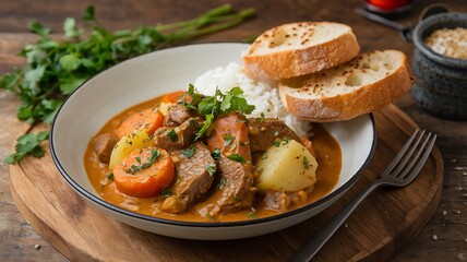 Fototapeta premium Hearty beef stew with potatoes, carrots, rice, and bread served in a bowl