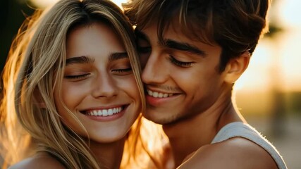 Smiling couple embracing warmly in golden sunlight, capturing a moment of happiness and connection, 4k video