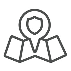 Folded map with location pin line icon, eco tourism concept. Vector graphics. Location with emblem, safety sign on white background, outline style icon for mobile or web design.