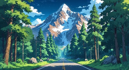 Tree covered road leading up to a majestic mountain with snowy peaks anime cartoon style illustration artwork design background