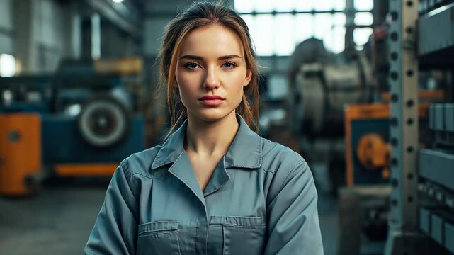 Young female engineer in industrial factory environment with machinery and confident expression, 4k video