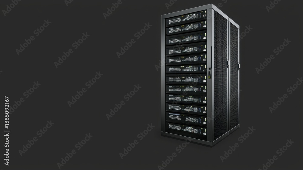 Poster isometric illustration of a server rack displaying advanced data management technology in a modern s