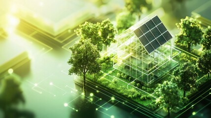 Fototapeta premium Picturesque house surrounded by lush green trees representing a sustainable living environment for a renewable energy company