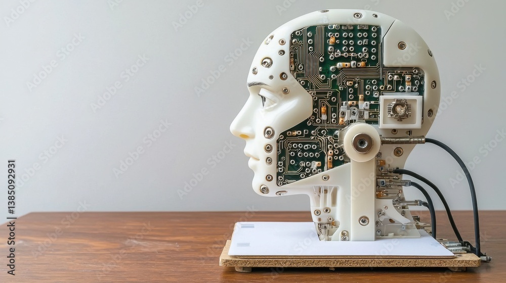 Poster robot head on a table illustrating the layers of machine learning concepts for advanced technology a