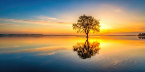 Fototapeta premium Peaceful dawn breaks over still waters, a minimalist sunrise mirrored in the lake.