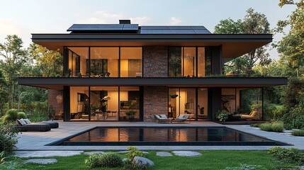 Modern luxury home with solar panels reflecting pool and stunning forest views at dusk Warm lighting illuminates the