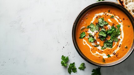 A bowl of creamy soup topped with fresh herbs. Featuring comfort and flavor