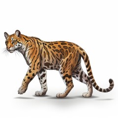 Obraz premium A striking low poly illustration depicts an ocelot, a wild feline with intricate geometric patterns, showcasing its sleek body and elegant gait against a stark white background.