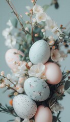 Fototapeta premium Beautifully arranged pastel Easter eggs nestled among delicate flowers in a soft background