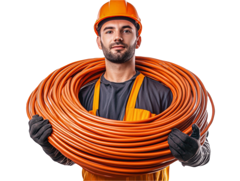 Construction worker holding large coil