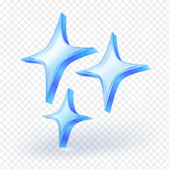 Glass blue sparkle stars icon on transparent background. shiny, glowing star effects 3D. Perfect for decoration, UI elements, magic effects. Vector illustration file.