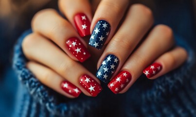 Close-up of a hand with patriotic nail art featuring stars and stripes in red, white, and blue. Concept of USA national holidays manicure design.