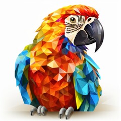 A vibrant rainbow colored low poly parrot with detailed geometric plumage sits against a white background showcasing its intricate design and brilliant hues in a striking digital