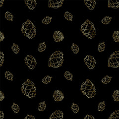 Christmas and New Year seamless pattern with gold pine cones. Christmas decoration. Hand drawn sketch 