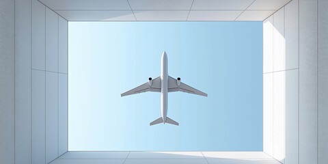 Airplane flying above a modern architectural space during daytime