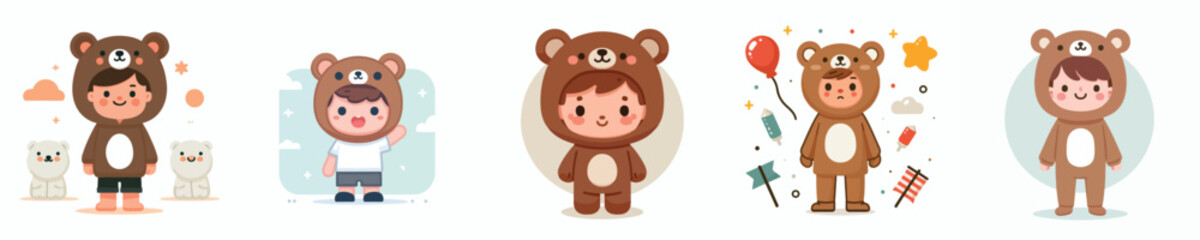 collection of vectors of boys wearing bear costumes