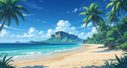 Wide panoramic view of a pristine beach with a distant island in the background anime cartoon style illustration artwork design background
