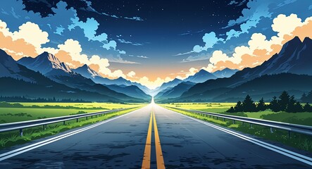 Wide road leading toward the horizon with mountains silhouetted against the sky anime cartoon style illustration artwork design background