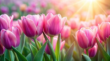 Fototapeta premium Simple pink tulip beds, a minimalist spring scene captured beautifully in photography.