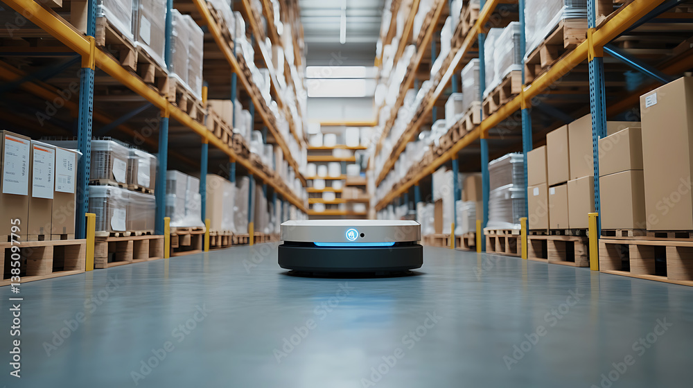Poster an ai powered robotic assistant handling warehouse inventory and sorting packages in a distribution 