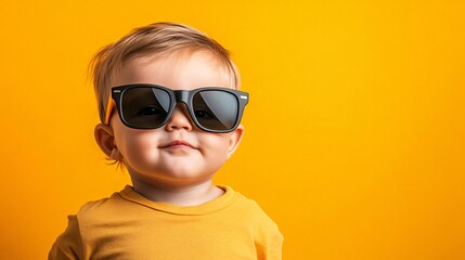 Adorable baby boy wearing sunglasses posing on yellow background