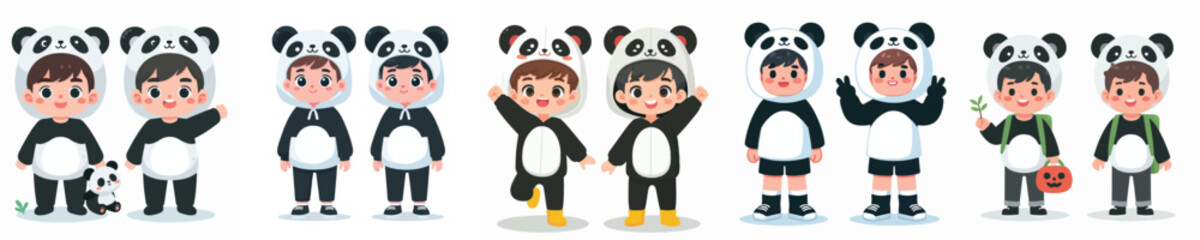vector collection of boys wearing panda costumes