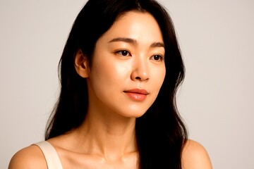 Smiling Korean Woman with Youthful Glow and Straight Hair – Studio Beauty Close-Up

