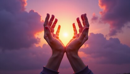 Hands reaching for the sun during a vibrant purple sunset, symbolizing hope and inspiration for positive energy and motivational themes