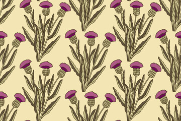 Botanical floral seamless pattern with cornflowers bouquet vector illustration. Repeating pink flowers with brown leaves in beige background. Graphic design for Fashion Cover Textile Wedding Birthday