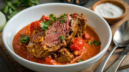 Slow-cooked beef with tomatoes and herbs in a bowl, close-up view