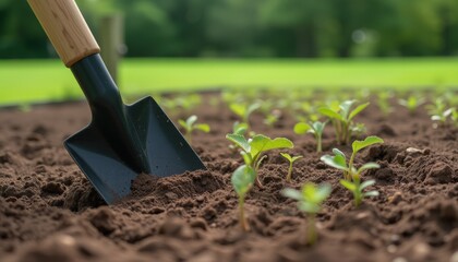 Garden shovel digging into soil with young plants growing  
