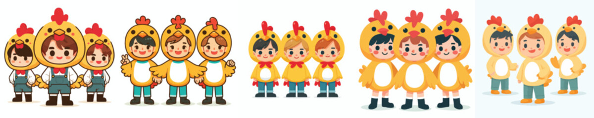 a set of vectors of boys wearing chicken costumes © TEGUH