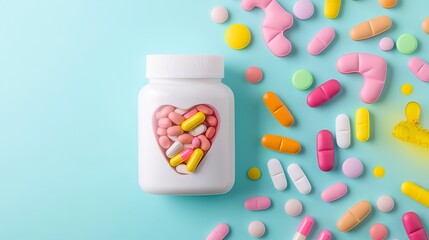 Antacid bottle placed beside a stomach icon with colorful tablets scattered around on a blue background