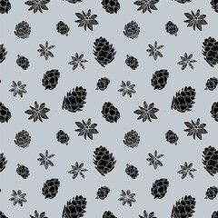 Christmas and New Year seamless pattern with pine cones, anise stars, and cloves. Christmas decoration. Hand drawn sketch 