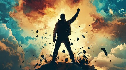 Naklejka premium Victory poster showcasing resilience and strength against adversity in a dramatic sky setting
