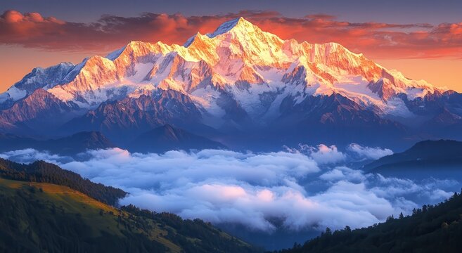 The snow-covered mountains of the Alps stand tall under the setting sun, with golden light shining on them and clouds floating in front of it. The sky is a pinkish-orange. - Powered by Adobe